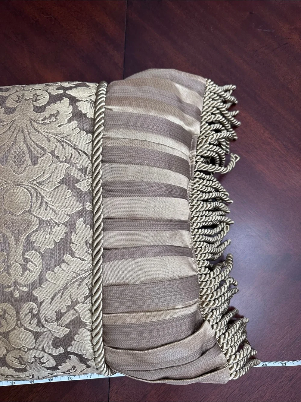 2 Vintage Style Gold Damask Ornate Regency Throw Pillows Fringe Tufted Square